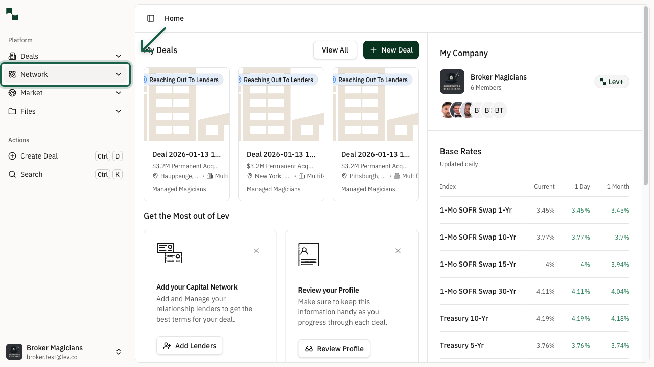 Dashboard showing Network button in sidebar