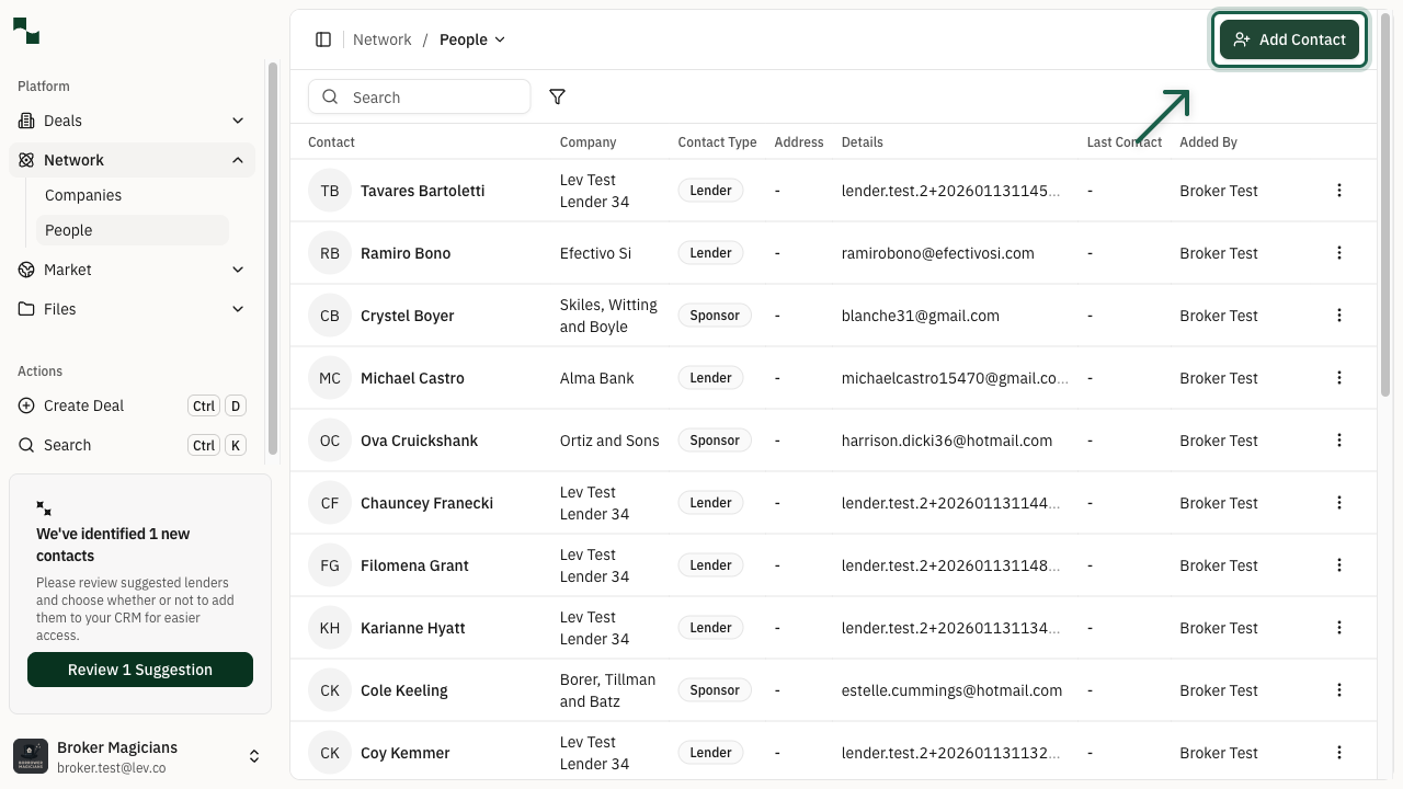 Contacts page with Add Contact button highlighted