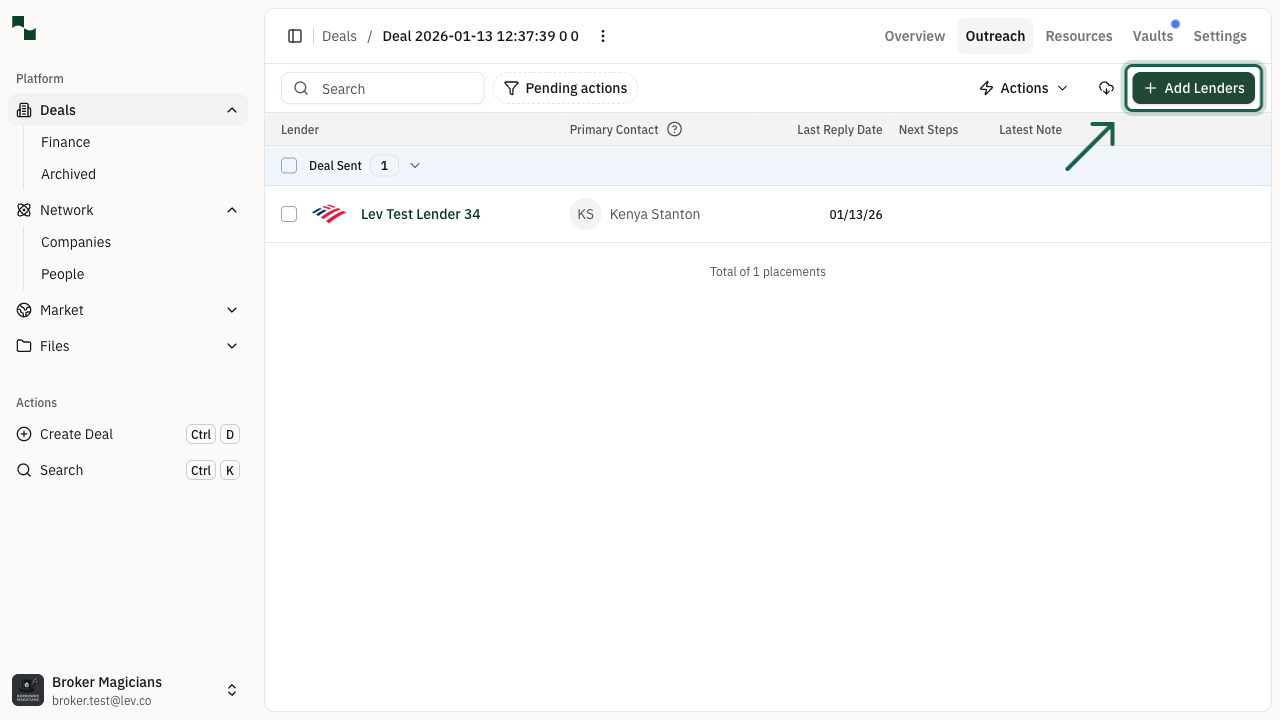 Outreach page with Add Lenders button highlighted