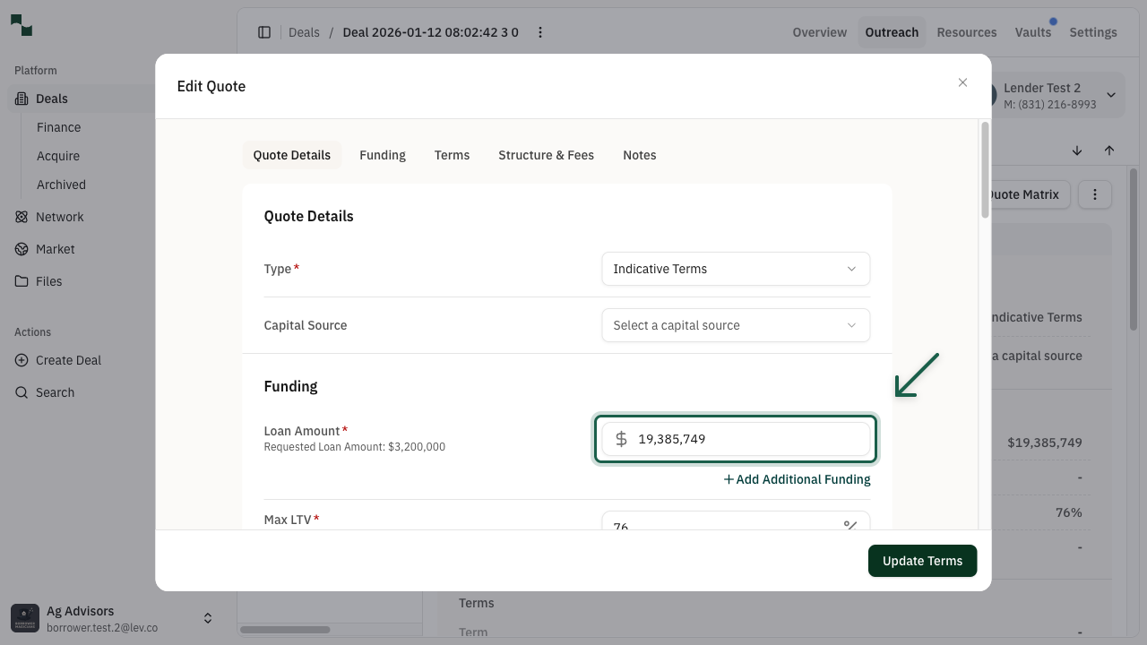 Edit Quote dialog showing form fields with Loan Amount highlighted
