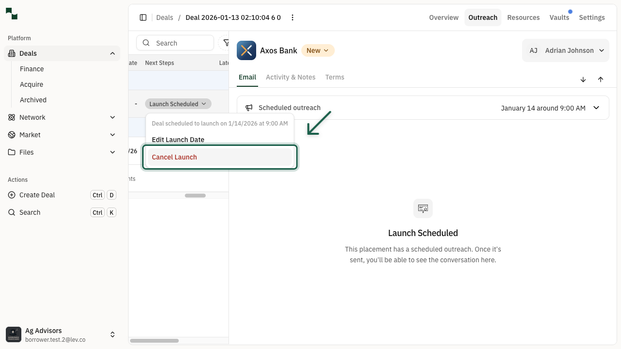 Dropdown menu showing Cancel Launch option