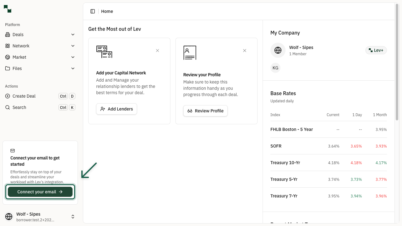Dashboard showing the Connect your email button in the left sidebar