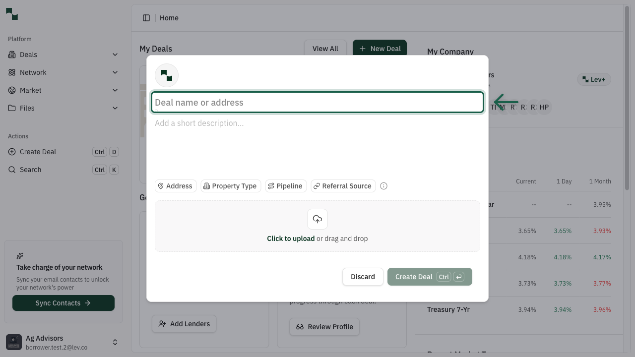 Create Deal modal with address input field