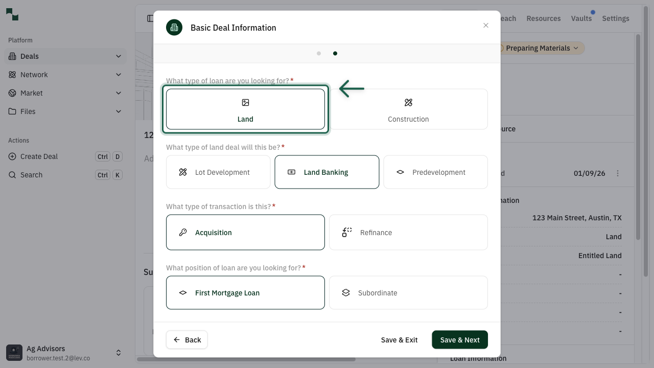 Loan type selection showing Land option
