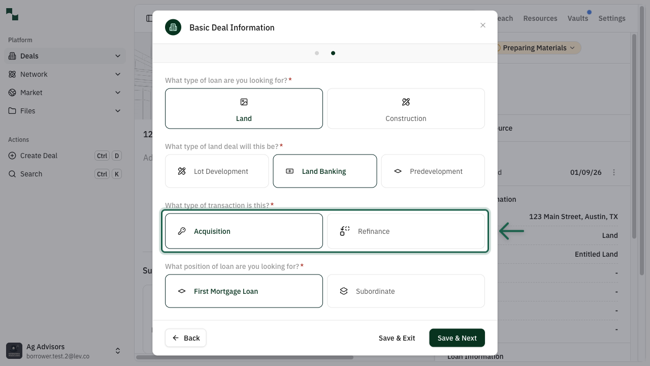 Transaction Type selection: Acquisition or Refinance