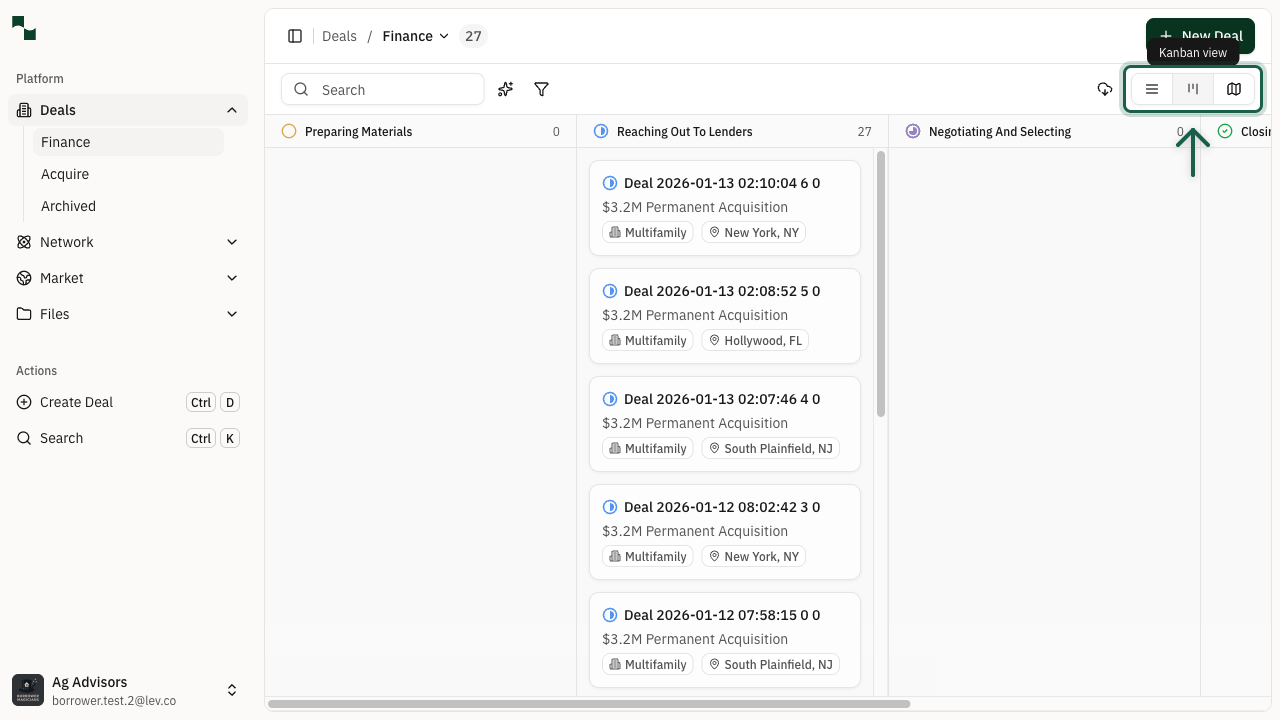 Kanban view showing deals organized by status with view toggle highlighted