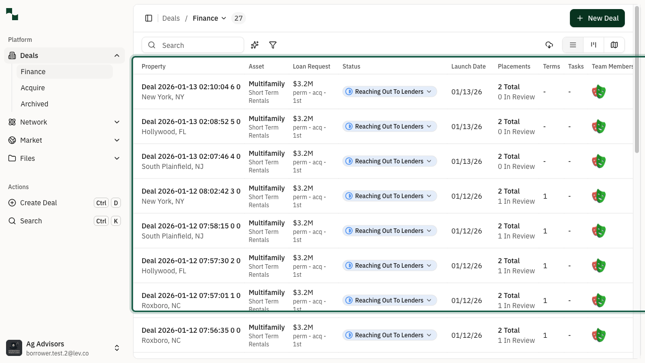 List view showing deals in table format with columns highlighted