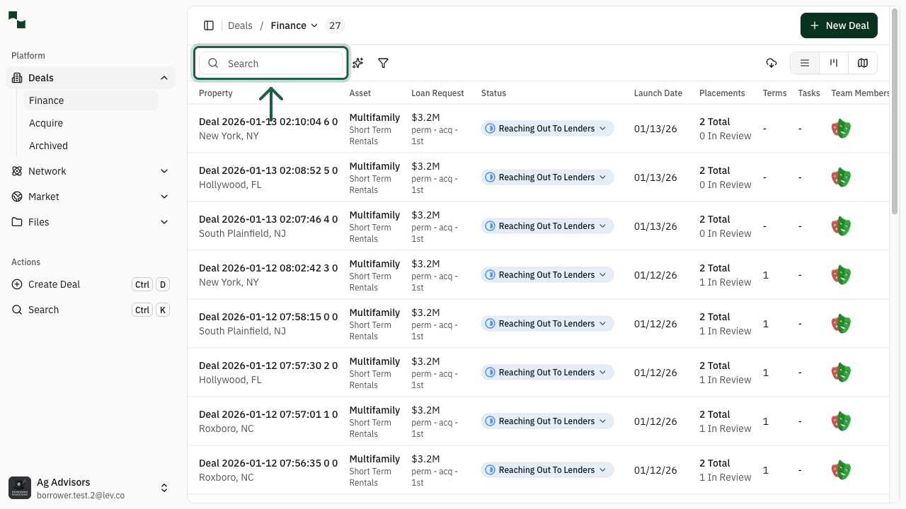 Search box highlighted showing deal filtering functionality