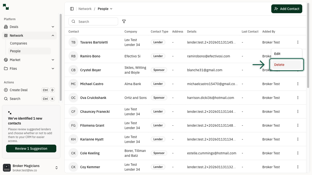 Actions menu showing Delete option highlighted