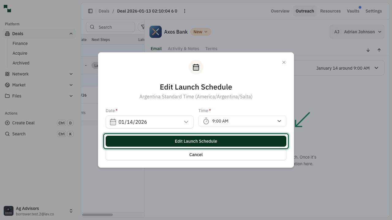 Edit Launch Schedule modal with date and time options