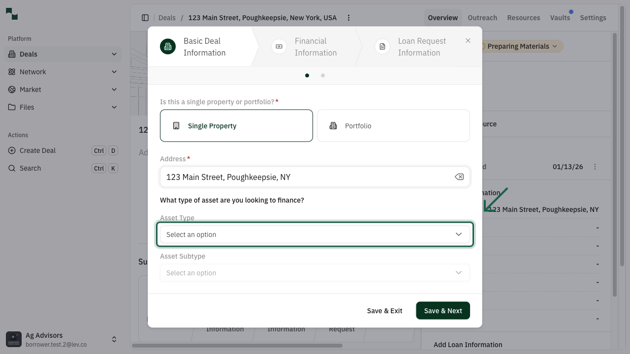 Basic Deal Information form with Save & Next highlighted