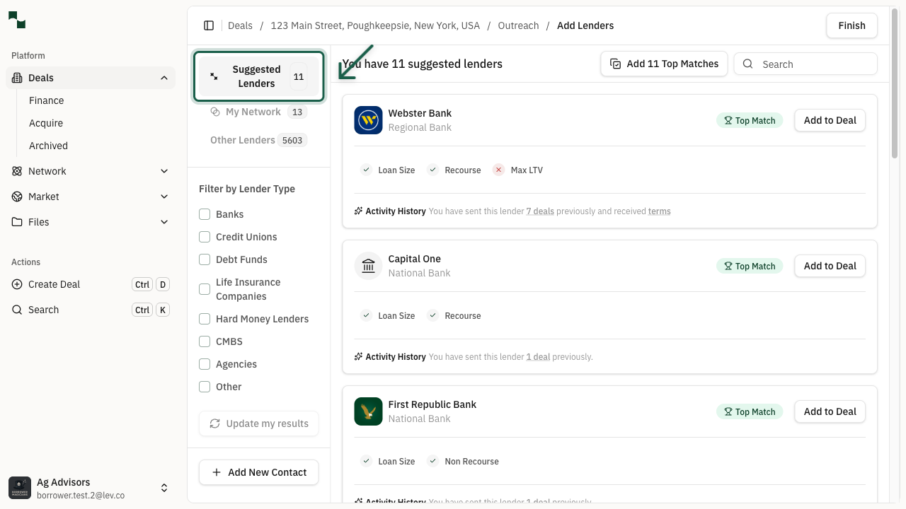 Suggested Lenders tab showing matched lenders