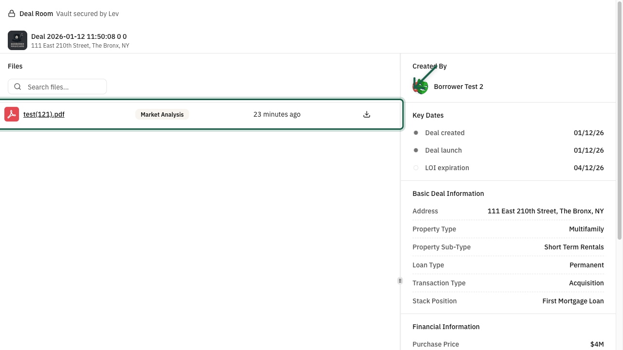 Deal Room vault showing files and deal information