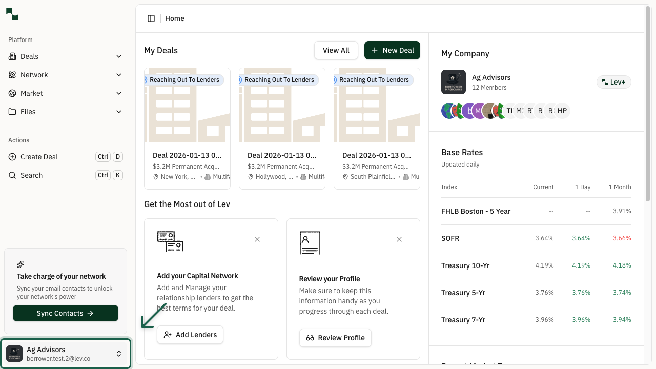 Dashboard showing the account menu button