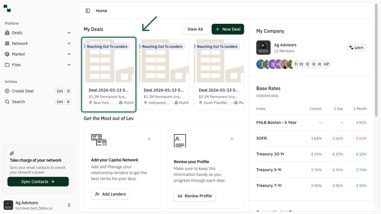Dashboard showing deal cards with the deal highlighted