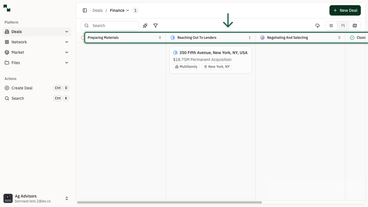 Kanban view showing deal status columns