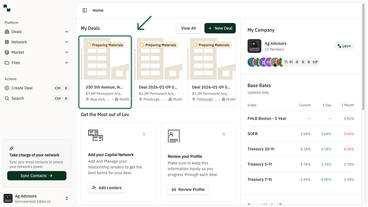 Dashboard showing deal cards