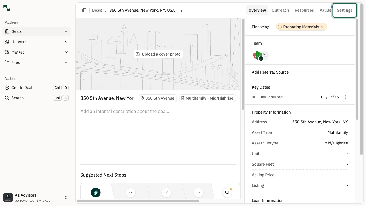 Deal overview page with Settings tab highlighted