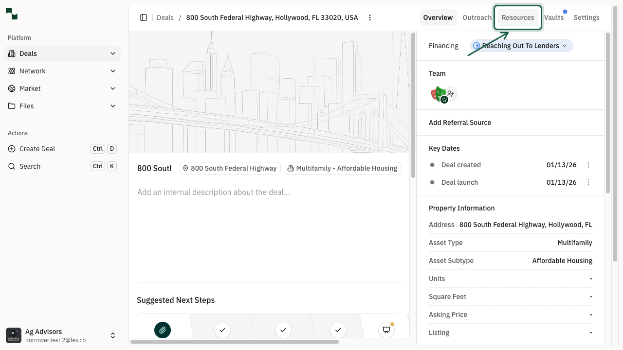 Deal overview page with Resources tab highlighted