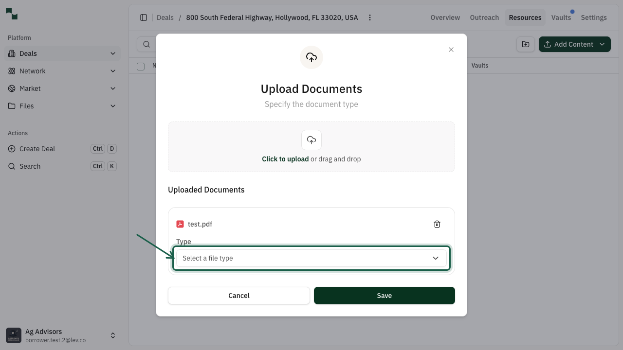 File uploaded with Type dropdown highlighted