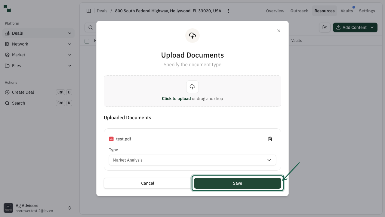Upload modal ready to save with Save button highlighted